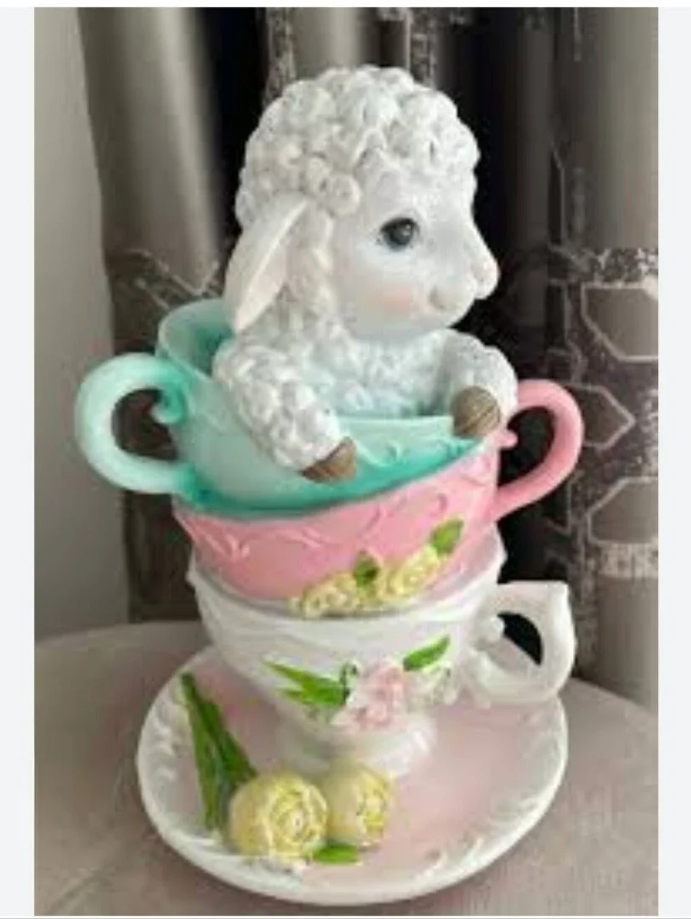 Lamb Figurine in Pastel Pink and Mint Green Stacked Teacups Easter Décor